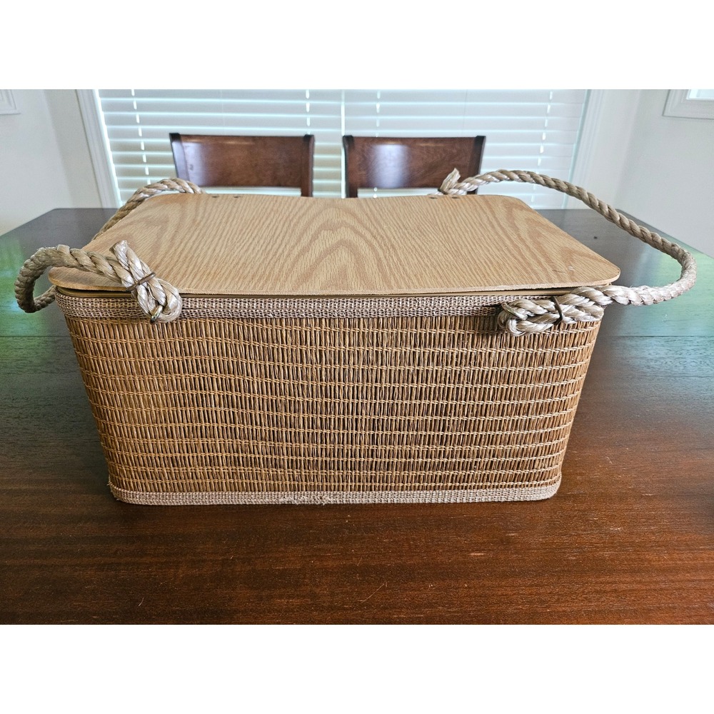 Burlington Vintage Picnic Basket Large Brown Woven Gingham Lining Rope Handles